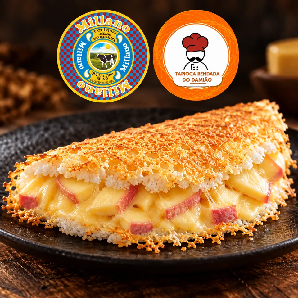 Tapioca crocante recheada com Queijo do Reino Millano derretido, cortada ao meio