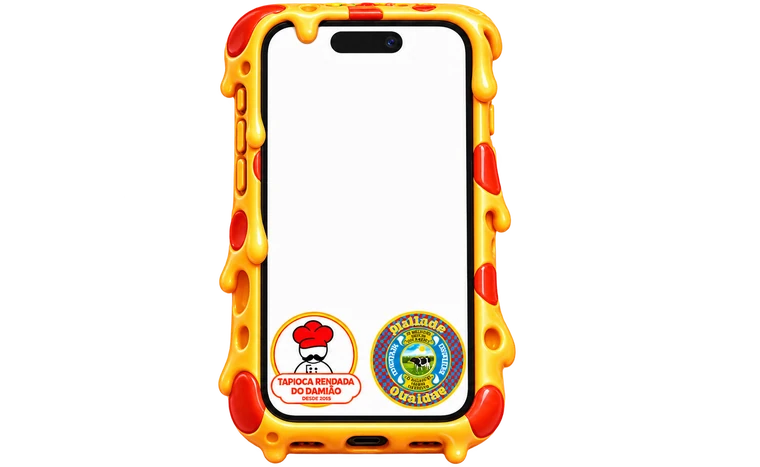 Celular com case de queijo derretido da Rota do Reino Millano, tela mostrando o voucher